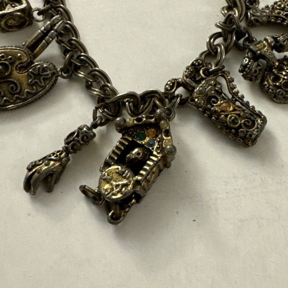 Vintage Charm Bracelet 10 Charms Clock Lips Phone Shorts And More D10 - Picture 4 of 7